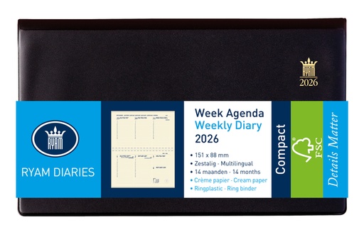 [900106] Agenda 2026 Ryam Compact Suprema 7dagen/2pagina's ringplastic zwart