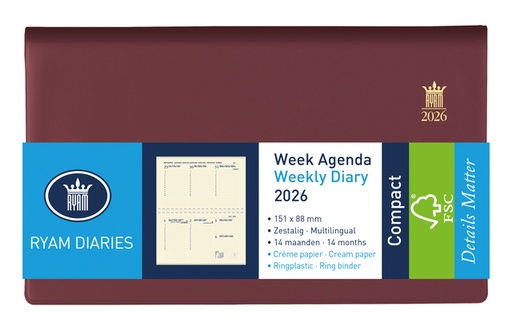 [900192] Agenda 2026 Ryam Compact Suprema 7 jours/2 pages bordeaux