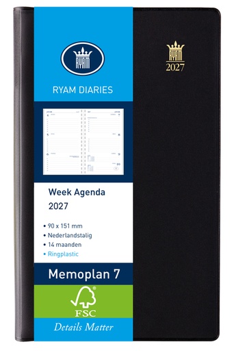 [900073] Agenda 2027 Ryam Memoplan 7 Suprema ringplastic 7dagen/2pagina's zwart