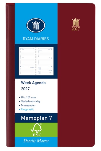 [900186] Agenda 2027 Ryam Memoplan 7 Suprema ringplasic 7dagen/2pagina's bordeaux