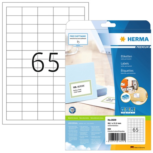 [816669] Etiket HERMA 8629 38.1x21.2mm premium wit 650stuks
