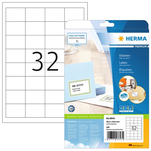 [810975] Etiquette HERMA Premium 8643 48,3x33,8mm blanc 320 pièces