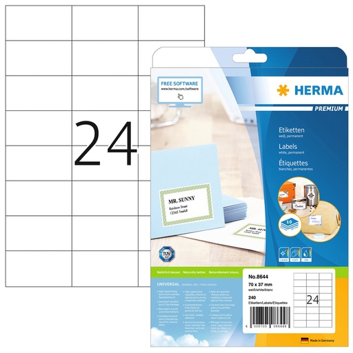 [810933] Etiquette HERMA Premium 8644 70x37mm blanc 240 pièces