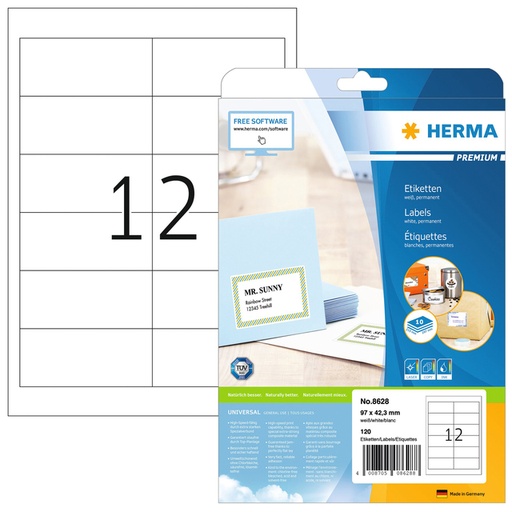 [810971] Etiquette HERMA Premium 8628 97x42,3mm blanc 120 pièces