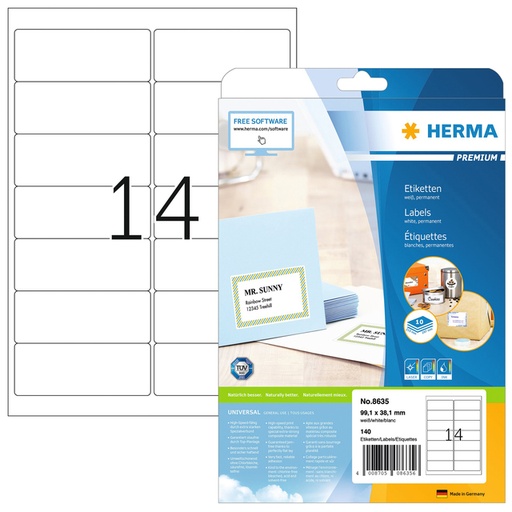 [816671] Etiket HERMA 8635 99.1x38.1mm premium wit 140 stuks