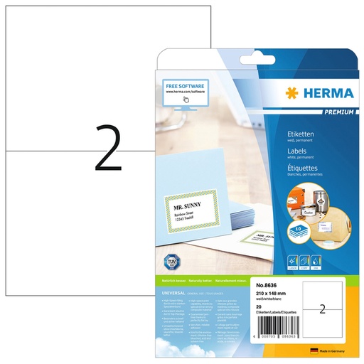 [810930] Etiket HERMA 8636 210x148mm A4 premium wit 20 stuks