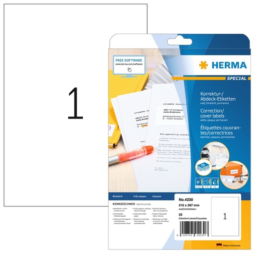 [817104] Etiquette HERMA 4230 210x297mm correctrice A4 blanc 25 pièces