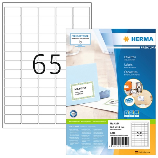 [817551] Etiket HERMA 4254 38.1x21.2mm premium wit 6500 stuks