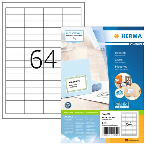 [817492] Etiquette HERMA Premium 4271 48,3x16,9mm blanc 6400 pièces