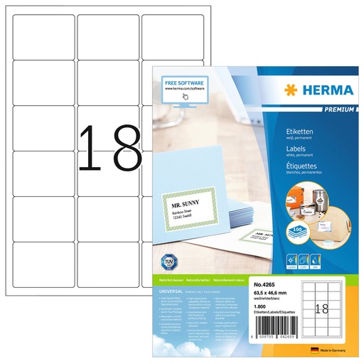 [817501] Etiket HERMA 4265 63.5x46.6mm premium wit 1800 stuks
