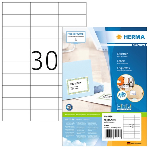 [817155] Etiket HERMA 4456 70x29.7mm premium wit 3000stuks