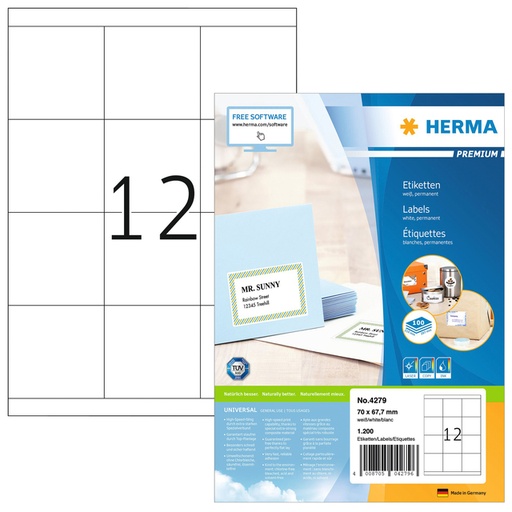 [816805] Etiket HERMA 4279 70x67.7mm premium wit 1200stuks