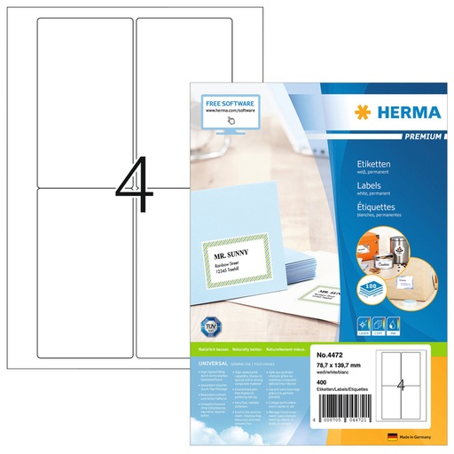 [816816] Etiquette HERMA Premium 4472 78,7x139,7mm blanc 400 pièces