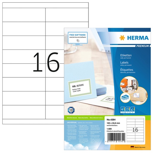 [817490] Etiket HERMA 4264 105x33.8mm premium wit 1600 stuks