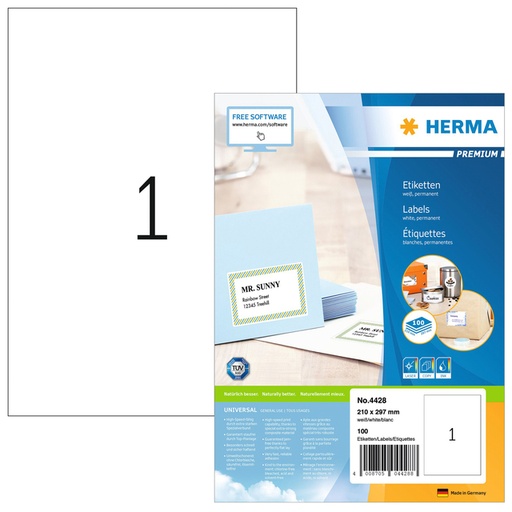 [817128] Etiquette HERMA Premium 4428 210x297mm A4 blanc 100 pièces