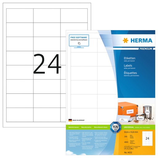 [817552] Etiket HERMA 4632 64.6x33.8mm premium wit 4800 stuks
