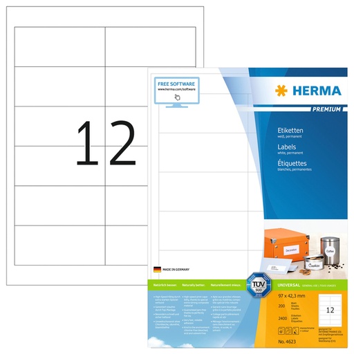 [817730] Etiket HERMA 4623 96.5x42.3Mm premium wit 2400stuks