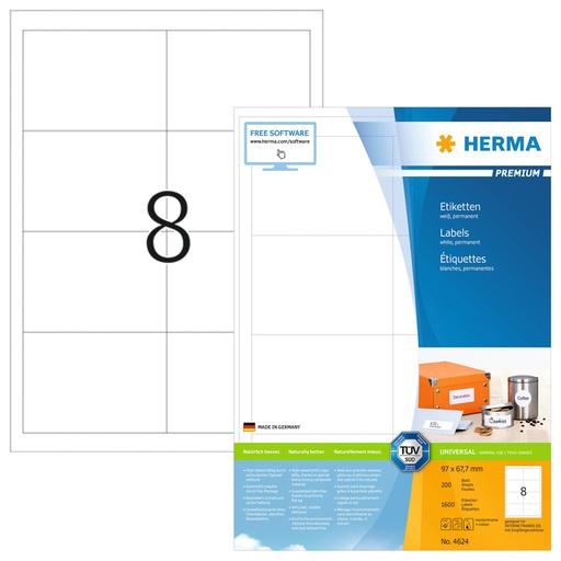[817553] Etiket HERMA 4624 97x67.7mm premium wit 1600 stuks