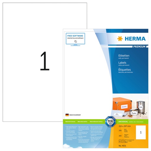 [817168] Etiquette HERMA Premium 4631 210x297mm A4 blanc 200 pièces