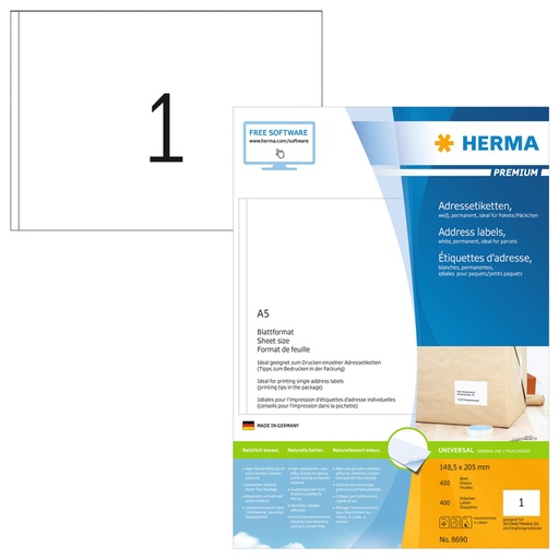 [816821] Etiket HERMA 8690 148.5x205mm Premium wit 400stuks