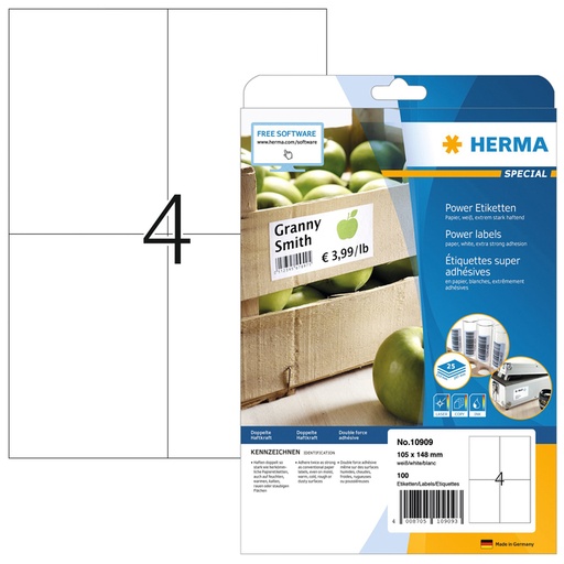 [810950] Etiquette HERMA Power 10909 105x148mm blanc 100 pièces