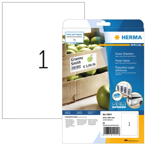 [810951] Etiquette HERMA Power 10911 210x297mm blanc 25 pièces