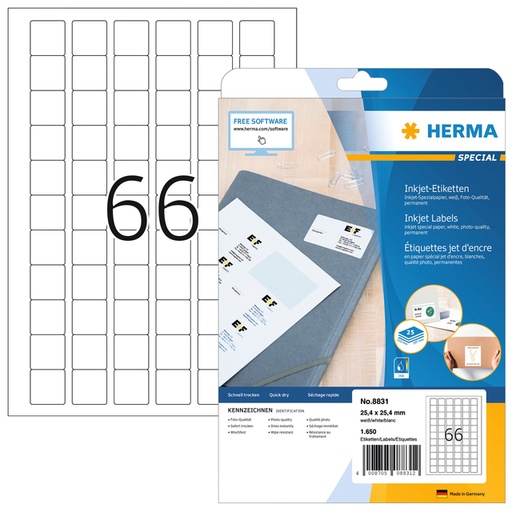 [817087] Etiquette HERMA 8831 25,4x25,4mm blanc 1650 pièces