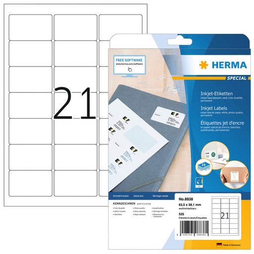 [817090] Etiket HERMA 8838 63.5x38.1mm mat wit 525 stuks