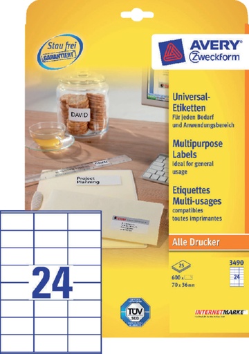 [817290] Etiket Avery Zweckform 3490 70x36mm wit 600stuks