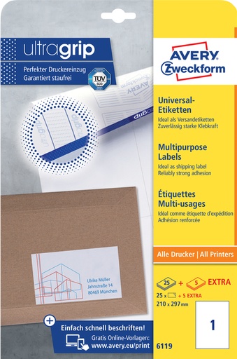 [817308] Etiket Avery 6119 210x297mm A4 wit 25 stuks