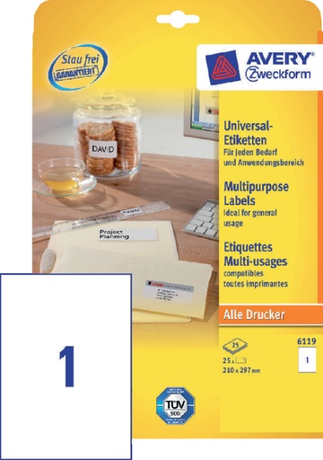 [817308] Etiket Avery Zweckform 6119 210x297mm A4 wit 25stuks