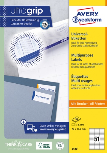 [816988] Etiket Avery 3420 70x16.9mm wit 5100 stuks
