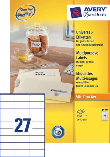 [817280] Etiket Avery Zweckform 3479 70x32mm wit 2700stuks