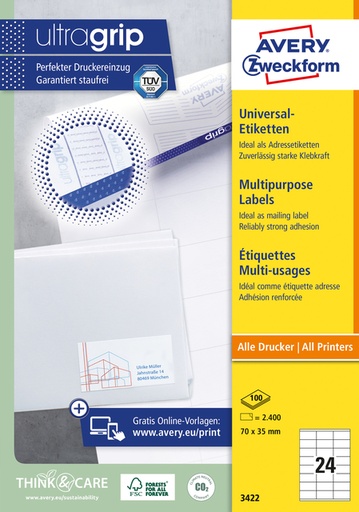 [816986] Etiquette Avery Zweckform 3422 70x35mm blanc 2400 pièces