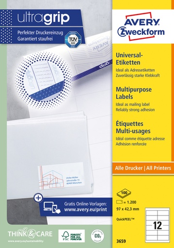 [816995] Etiket Avery 3659 97x42.3mm wit 1200 stuks