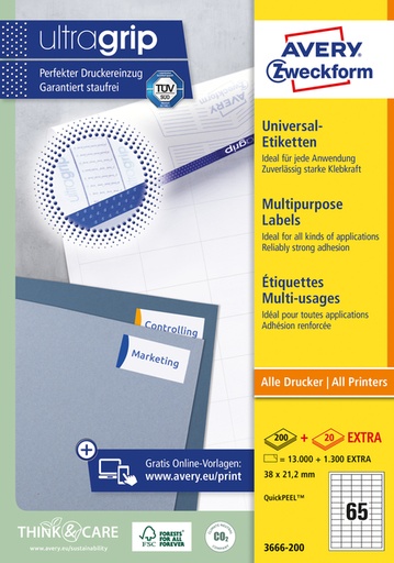 [817777] Etiket Avery 3666-200 38x21.2mm wit 13000 stuks