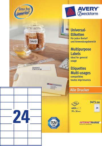 [817771] Etiket Avery Zweckform 3475-200 70x36mm wit 4800stuks