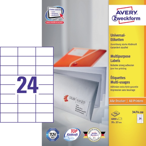 [817772] Etiket Avery Zweckform 3474-200 70x37mm wit 4800stuks