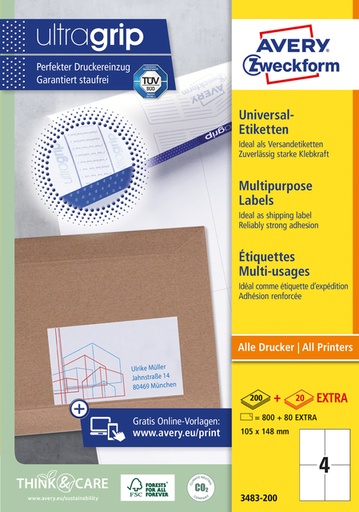 [817762] Etiket Avery Zweckform 3483-200 105x148mm A6 wit 800stuks