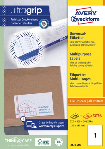 [817760] Etiket Avery 3478-200 210x297mm A4 wit 200 stuks