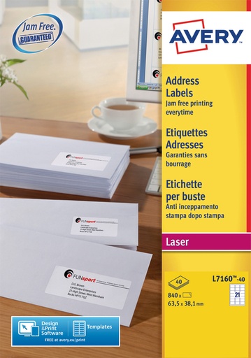[817250] Etiket Avery L7160-40 63.5x38.1mm wit 840 etiketten