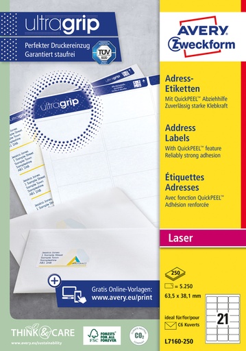 [817356] Etiket Avery L7160-250 63.5x38.1mm wit 5250 stuks