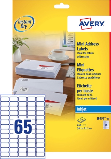 [817353] Etiquette Avery J8651-10 38,1x21,2mm blanc 650 pièces