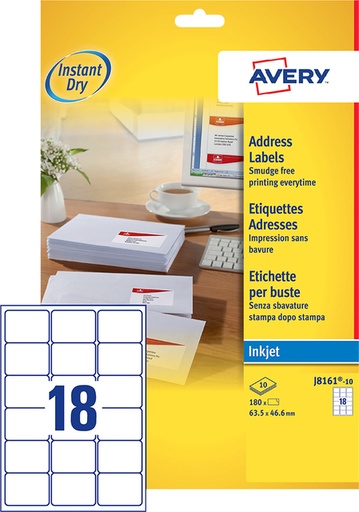 [817451] Etiket Avery J8161-10 63.5x46.6mm wit 180 stuks