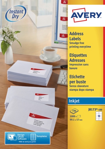 [817449] Etiquette Avery J8173-10 99,1x57mm blanc 100 pièces