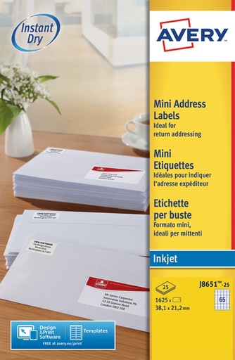 [817244] Etiquette Avery J8651-25 38,1x21,2mm blanc 1625 pièces