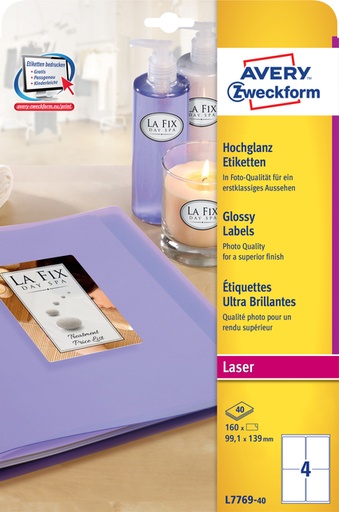 [811141] Etiket Avery L7769-40 99.1x139mm hoogglans wit 160 stuks