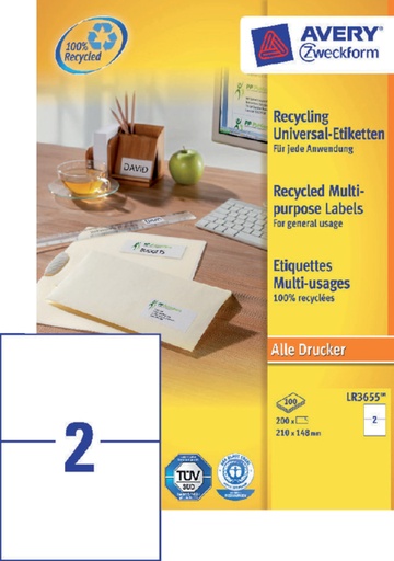 [811016] Etiket Avery Zweckform LR3655 210x148mm A5 recycled wit 200stuks