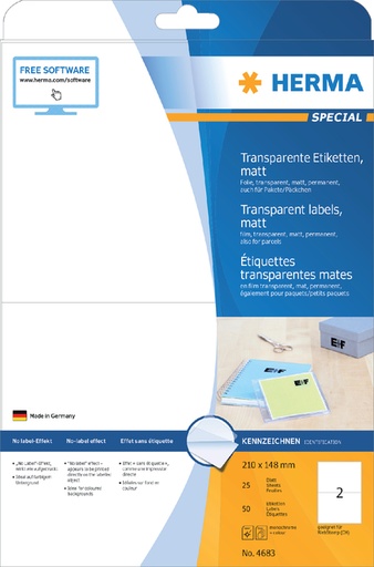 [810983] Etiket HERMA 4683 210x148mm transparant mat 50 stuks