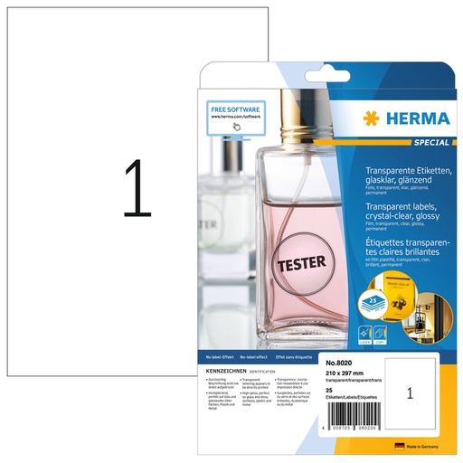 [810982] Etiket HERMA 8020 210x297mm transparant 25 stuks